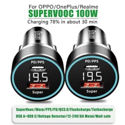 For OPPO car charger SuperVooc 100W, Cigarette Lighter plug for OPPO Find X7 Reno8,12V Usb for realme oneplus charger warp 80w