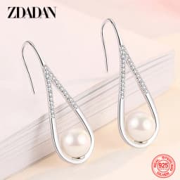 ZDADAN 925 Sterling Silver Drop Shaped Pearl Zircon Dangle Earring For Women Charm Engagement Jewelry Party Gift