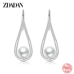 ZDADAN 925 Sterling Silver Drop Shaped Pearl Zircon Dangle Earring For Women Charm Engagement Jewelry Party Gift