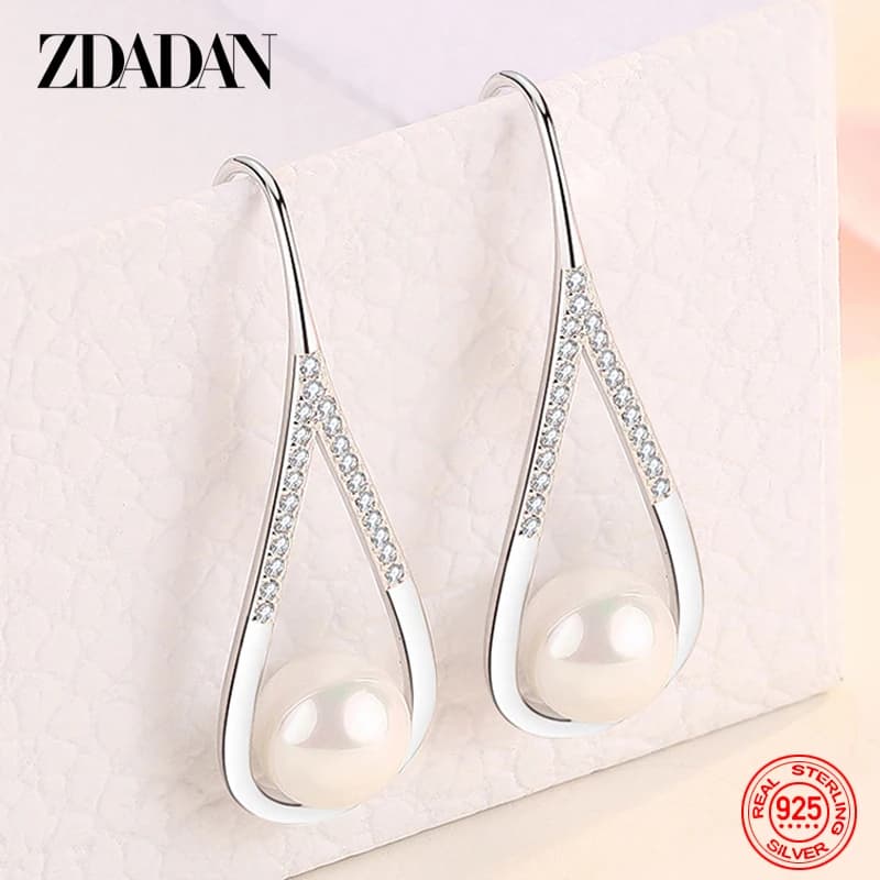 ZDADAN 925 Sterling Silver Drop Shaped Pearl Zircon Dangle Earring For Women Charm Engagement Jewelry Party Gift