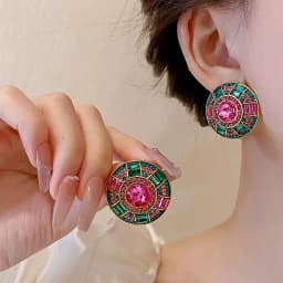 Green Faceted Crystal Chain Necklace Geometric Round Pendant Necklace Stud Earrings Jewelry Set Rhinestone Necklaces Party K0