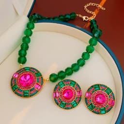 Green Faceted Crystal Chain Necklace Geometric Round Pendant Necklace Stud Earrings Jewelry Set Rhinestone Necklaces Party K0