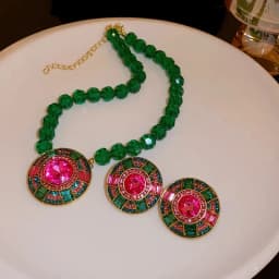 Green Faceted Crystal Chain Necklace Geometric Round Pendant Necklace Stud Earrings Jewelry Set Rhinestone Necklaces Party K0