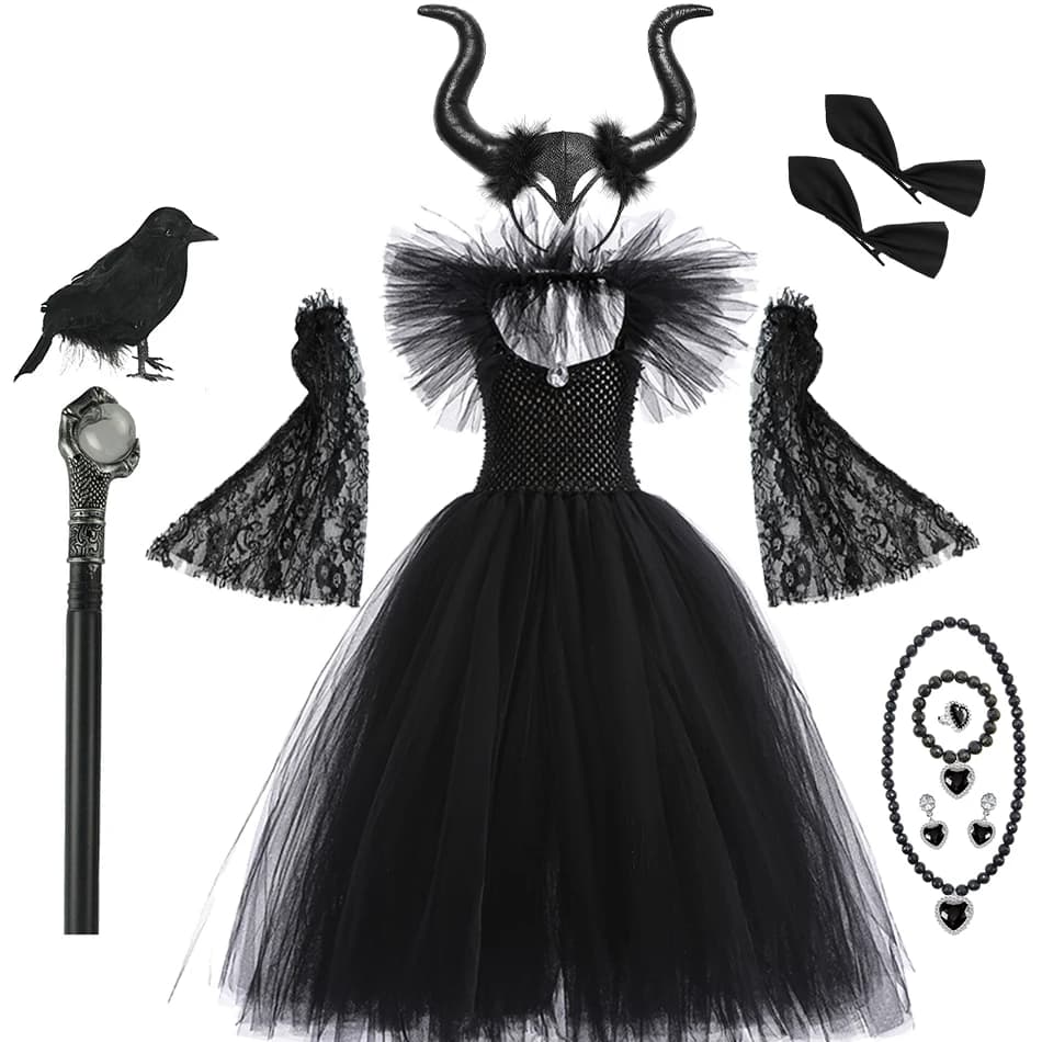 Child Halloween Costume Evil Witch Cosplay Clothes Girl Disguise Dress Kids Maleficent Black Tulle Outfits Fantasy Party Clothes