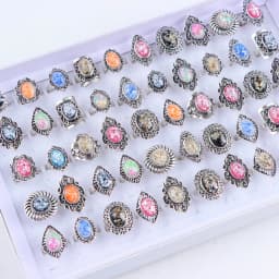 10/20Pcs/Lot New Fashion Bulk Vintage Flower Geometry Patten Colorful Stone Open Rings Jewelry For Women Mix Style Party Gifts