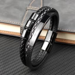 MingAo Charm Name Letter Customize Leather Breaclet for Women Men Stainless Steel Beads Braided Rope Wrist Bracelet Personalized