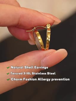 Yhpup Round Natural Shell Stainless Steel 18K Gold Plated Huggie Hoop Earrings for Women High Quality Charm Jewelry Gift New