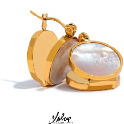 Yhpup Round Natural Shell Stainless Steel 18K Gold Plated Huggie Hoop Earrings for Women High Quality Charm Jewelry Gift New