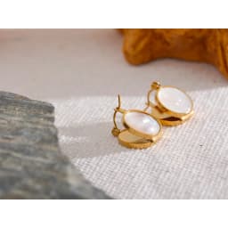 Yhpup Round Natural Shell Stainless Steel 18K Gold Plated Huggie Hoop Earrings for Women High Quality Charm Jewelry Gift New