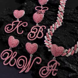Hip Hop Bling Pink Crystal Cursive Initial Letter Cuban Necklace for Women Iced Out Paved Cuban Chain Necklace Choker Jewelry
