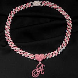Hip Hop Bling Pink Crystal Cursive Initial Letter Cuban Necklace for Women Iced Out Paved Cuban Chain Necklace Choker Jewelry