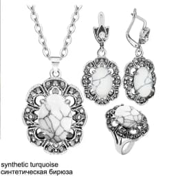 Vintage Flower Pendant Natural Stone Quartz Opal Sets For Women Antique Silver Plated Necklace Earring Ring Fashion Jewelry