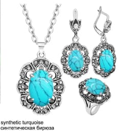 Vintage Flower Pendant Natural Stone Quartz Opal Sets For Women Antique Silver Plated Necklace Earring Ring Fashion Jewelry