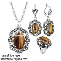 Vintage Flower Pendant Natural Stone Quartz Opal Sets For Women Antique Silver Plated Necklace Earring Ring Fashion Jewelry