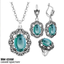 Vintage Flower Pendant Natural Stone Quartz Opal Sets For Women Antique Silver Plated Necklace Earring Ring Fashion Jewelry