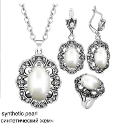 Vintage Flower Pendant Natural Stone Quartz Opal Sets For Women Antique Silver Plated Necklace Earring Ring Fashion Jewelry
