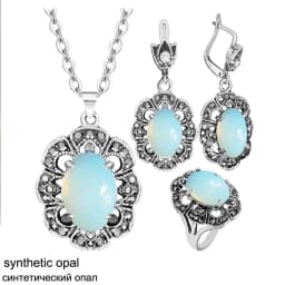 Vintage Flower Pendant Natural Stone Quartz Opal Sets For Women Antique Silver Plated Necklace Earring Ring Fashion Jewelry