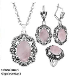 Vintage Flower Pendant Natural Stone Quartz Opal Sets For Women Antique Silver Plated Necklace Earring Ring Fashion Jewelry