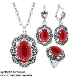 Vintage Flower Pendant Natural Stone Quartz Opal Sets For Women Antique Silver Plated Necklace Earring Ring Fashion Jewelry