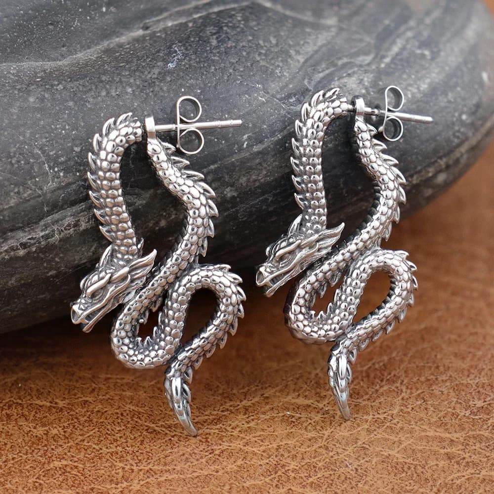 Punk Chinese Dragon Earrings for Women Gift Stainless Steel Unique Handsome Men Loong Ear studs Vintage Male Jewelry Accessories