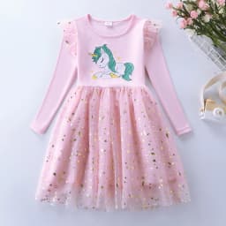 Girls' Autumn New Cotton Embroidered Cartoon Unicorn Mesh Dress