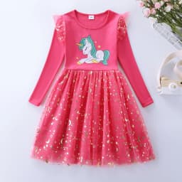 Girls' Autumn New Cotton Embroidered Cartoon Unicorn Mesh Dress