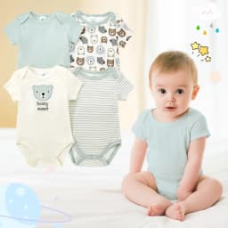 4PCS Newborn Infant Romper Short Sleeve Round Neck Cartoon Animal Flowers Print Bodysuit Onesies For Baby Boys And Girls Clothes
