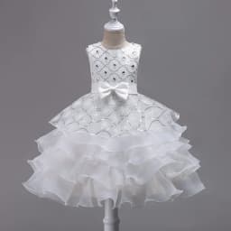 Girls Elegant Floral Embroidery Bowknot Decor Sleeveless Layered Mesh Princess Dress Clothes