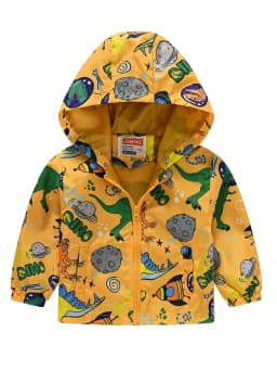 Boys Cartoon Dinosaur Print Zipper Hooded Jacket, Cardigan Collar Zipper Jacket,Kids Clothes Windbeark