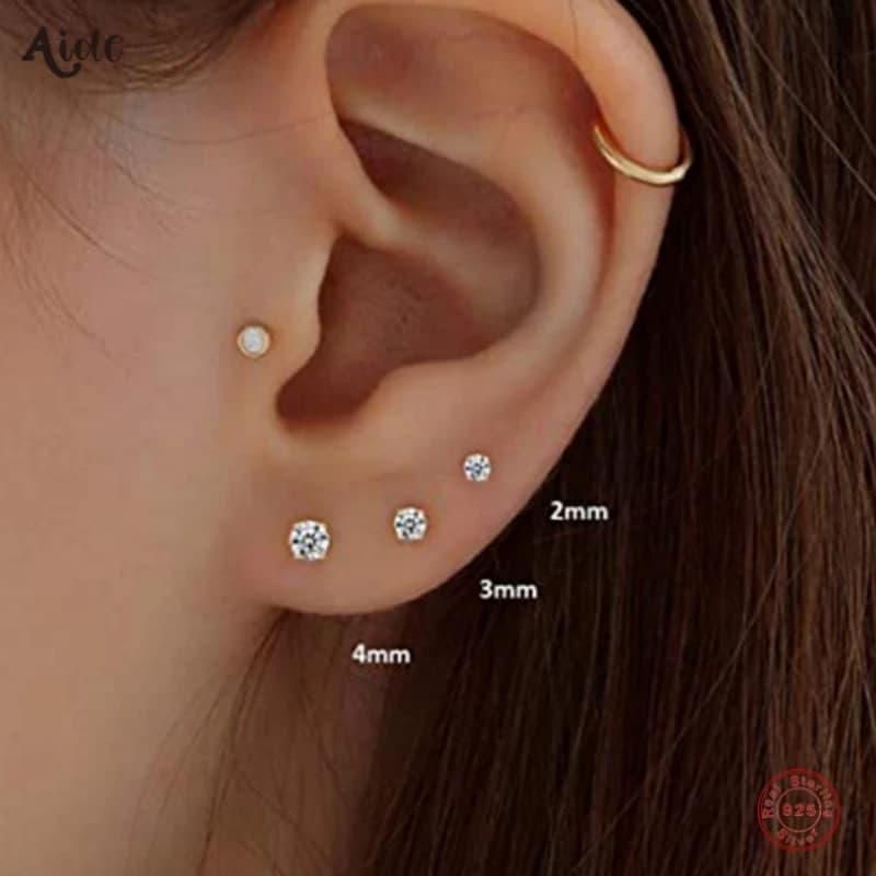 Aide 925 Sterling Silver 3pcs Set 2/3/4mm Mini Round Zircon Bar Piercing Stub Earring For Women Minimalist Jewelry Party Gift