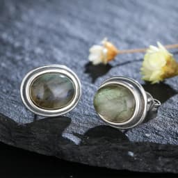 Natural 8x10MM Labradorite Stud Earring for Women Silver Plated Jewelry Simple Vintage Anniversary Party Birthday Gift