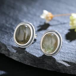 Natural 8x10MM Labradorite Stud Earring for Women Silver Plated Jewelry Simple Vintage Anniversary Party Birthday Gift