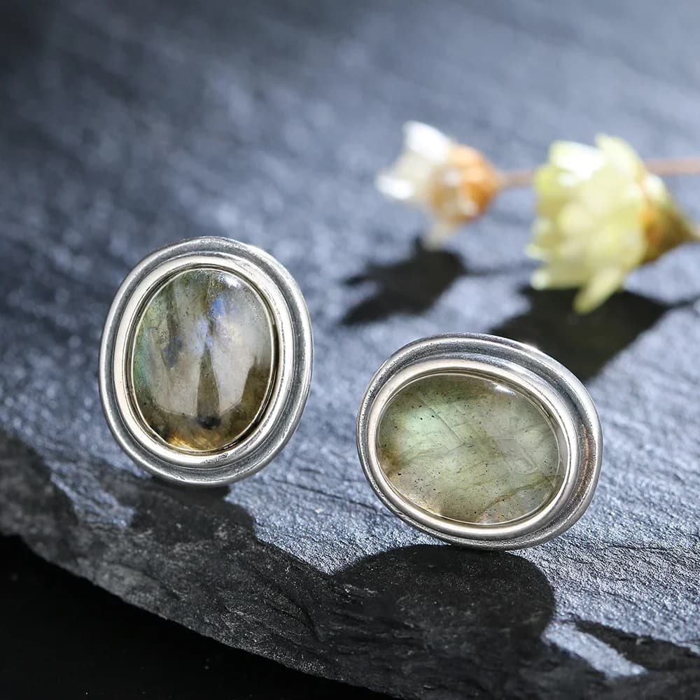 Natural 8x10MM Labradorite Stud Earring for Women Silver Plated Jewelry Simple Vintage Anniversary Party Birthday Gift