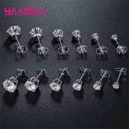 925 Sterling Silver Stud Earring Cubic Zircon Rhinestone Claw Setting Jewelry for Man Woman 3/4/5/6/7/8MM Mix Size 6 Pairs
