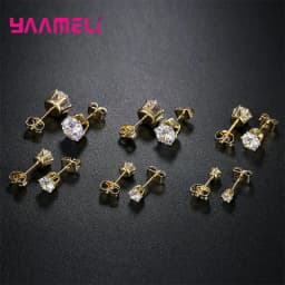 925 Sterling Silver Stud Earring Cubic Zircon Rhinestone Claw Setting Jewelry for Man Woman 3/4/5/6/7/8MM Mix Size 6 Pairs