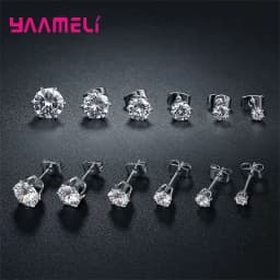 925 Sterling Silver Stud Earring Cubic Zircon Rhinestone Claw Setting Jewelry for Man Woman 3/4/5/6/7/8MM Mix Size 6 Pairs