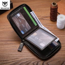 Bullcaptain retro RFID zipper with compartment men's wallet RFID credit card holder anti-theft leather mini men's wallet