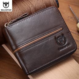 Bullcaptain retro RFID zipper with compartment men's wallet RFID credit card holder anti-theft leather mini men's wallet