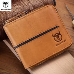 Bullcaptain retro RFID zipper with compartment men's wallet RFID credit card holder anti-theft leather mini men's wallet