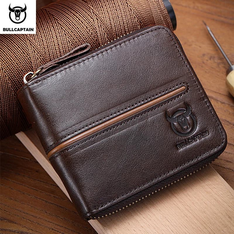 Bullcaptain retro RFID zipper with compartment men's wallet RFID credit card holder anti-theft leather mini men's wallet