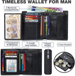 Classic men's wallet,black carbon fiber card holder, multi-card slot compartment bag, RFID vertical zipper pocket coin purse