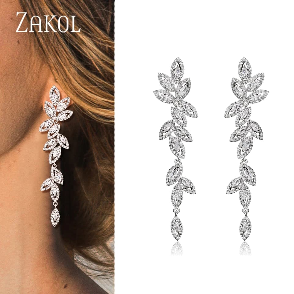 Luxury Polish Best Selling Leaf CZ Long Drop Earrings for Women Elegant AAA Zircon Bridal Earring Wedding Party Jewelry