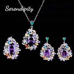 Foydjew Secret Garden Series Jewelry Luxury Flowers Design Jewelry Sets Amethyst Purple Stone Pendant Necklaces Earrings Rings