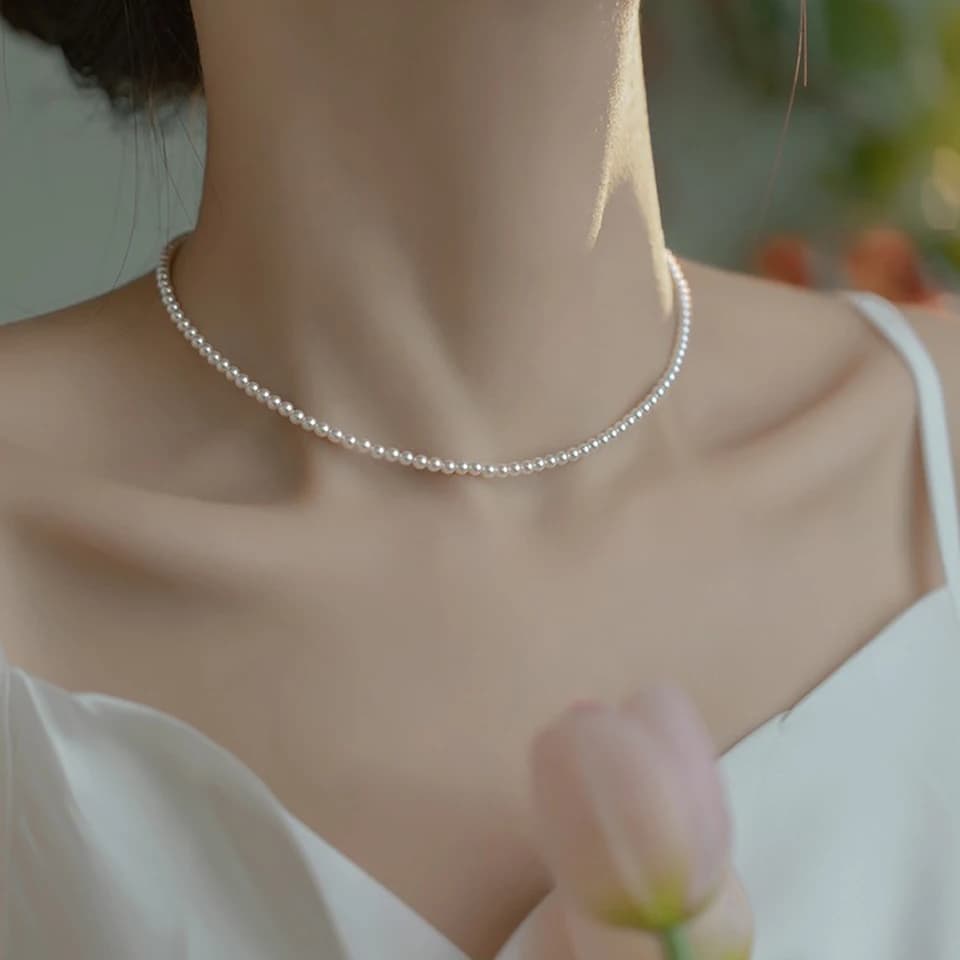 925 Sterling Silver 6mm Pearl Necklace For Women Jewelry On Neck Pearl Bead Choker Cheap Items With Party Gift