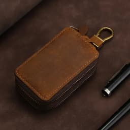 New Genuine Leather Car Key Pouch Wallet Double Zipper Crazy Horse Leather Designer Keychain Holder Organizer Key Case Bag Cover