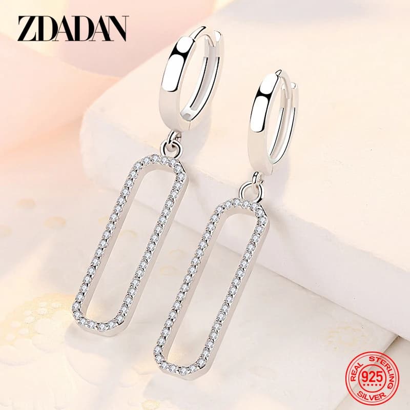 ZDADAN 925 Sterling Silver Long Square Dangle Earrings For Women Fashion Wedding Jewelry Gift