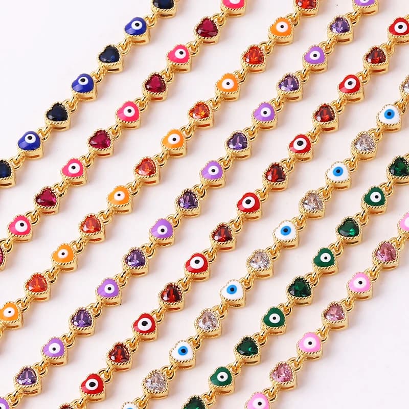 18K Gold Plated Heart Turkish Evil Eye Charm Bracelet for Women Boho Lucky Copper Chain Adjustable Bracelet Summer Jewelry