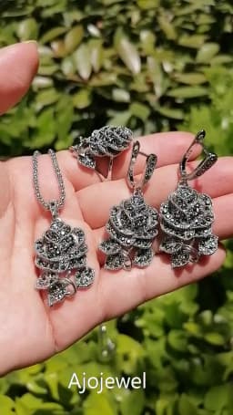 Ajojewel Black Marcasite Rose Flower Jewelry Sets For Women Vintage Necklace Earring And Ring Elegant Gift For Party/Wedding