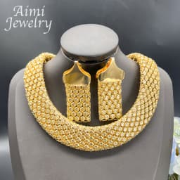 Trendy African Jewelry Set for Women Chunky Necklace Earrings Bracelet Dubai 18K Gold Plated Fashion Jewellery for Party Wedding