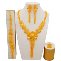 Dubai Women Gold Color Jewelry Sets African Wedding Bridal Gifts For Saudi Arab Necklace Bracelet Earrings Ring Jewellery Set